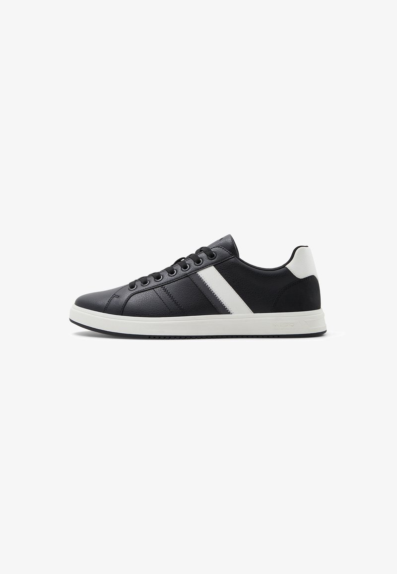 Black sneakers with a textured leather upper, white stripe detail, and a contrasting white heel. Features round laces and a rubber sole.