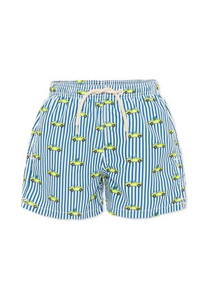 Niebiesko-białe paskowane kąpielówki z żółtymi wzorami samochodów i białym sznurowanym pasem.