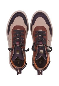 Beige and brown leather sneakers featuring dark accents, round toe, textured rubber sole, and lace-up design with branding on the inner sole.