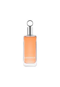 Clear glass bottle with a rectangular shape, silver cap, and a ring for attachment. Contains orange liquid; labeled "LAGERFELD CLASSIC."