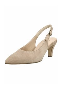 Beige suede pointed-toe slingback shoe with mid-height tapered heel and adjustable buckle strap.