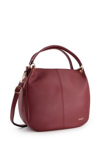 Sac à main en cuir bordeaux avec une forme arrondie, une surface texturée, des poignées doubles et une sangle d'épaule amovible, dotée d'accents en métal doré.