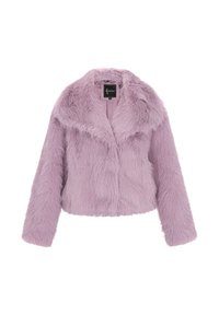 Faux fur jas in zacht lavendel, met een cropped ontwerp, brede kraag en lange mouwen met een pluizige textuur.
