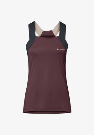 Ärmelloses, bordeauxrotes Sporttanktop mit breiten schwarzen Schultergurten und beigem, überkreuztem Rücken, mit kleinem Vaude-Logo auf der Brust.