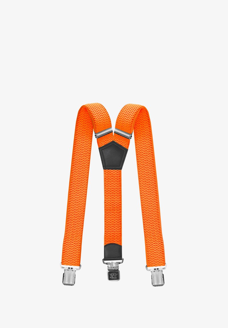 Helle orange gewebte Hosenträger mit schwarzen Leder-Patches und silbernen Metall-Clips, angeordnet in Form eines M auf einem weißen Hintergrund.