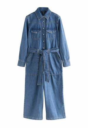 Denim-Overall in Mittelblau, mit langen Ärmeln, einem Kragen, zwei Brusttaschen und einem taillierten Design. Weite Beinform, leichtes Material.
