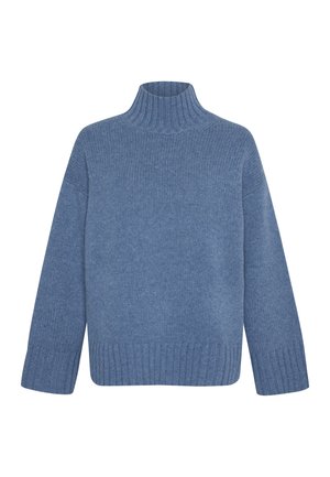 Maglione lavorato a maglia di colore azzurro chiaro con un collo alto a coste, spalle cadenti e maniche larghe. Tessuto testurizzato e dettaglio a coste sull'orlo.