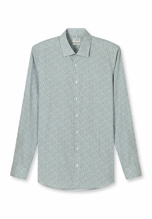 Hellgraues langärmliges Hemd mit kleinen dunklen Blumenmuster, klassischem Kragen und abgerundetem Saum, flach auf weißem Hintergrund ausgelegt.
