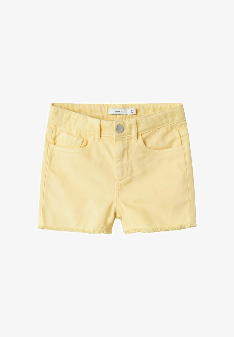 Yellow denim shorts with a frayed hem, two front pockets, and a visible metal button closure. Label reads "name it."