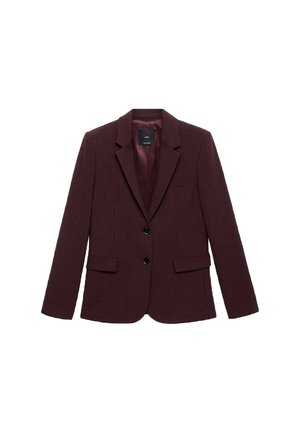 Blazer bordeaux a righe sottili con revers a punta, due tasche frontali e due bottoni neri. Fodera interna liscia. Vestibilità su misura.