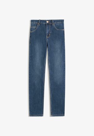 Sötétkék farmernadrág egyenes szabással, öt zsebbel, finom varrási részletekkel és fém gombbal a deréknál.