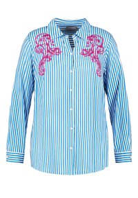 Blue and white striped shirt with long sleeves, featuring pink sequined jellyfish designs on the front. Button-down closure and collar.
