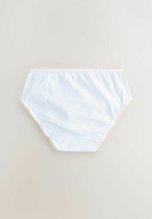 Culotte en coton bleu clair avec une texture lisse, présentant une taille et des bords de couleur pêche à motif festonné. Forme classique taille haute.