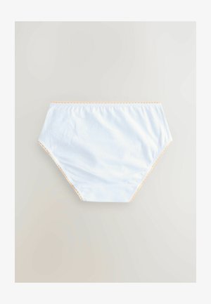 Slip in cotone azzurro chiaro con una texture liscia, caratterizzato da un elastico color pesca con bordo ondulato. Design classico a vita alta.