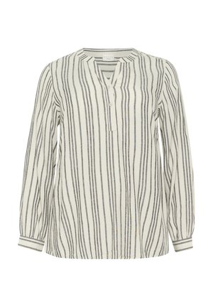 Långärmad, lätt blus i off-white med mörkgrå vertikala ränder. Har en mandarin krage och en delvis knappslå.