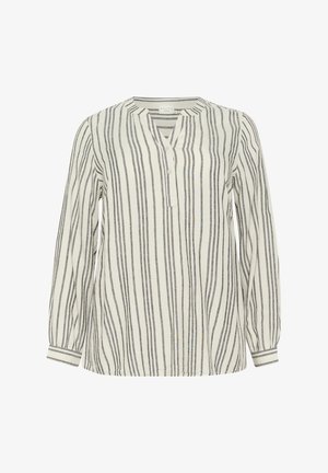 Hosszú ujjú, könnyű blúz törtfehér színben, sötétszürke függőleges csíkokkal. Mandarin gallérral és részleges gombolással rendelkezik.