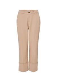 Beżowe dopasowane spodnie z płaskim przodem, dwiema bocznymi kieszeniami oraz lekko skróconym, mankietowanym dołem. Wykonane z gładkiego materiału o subtelnym połysku.