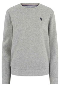 Gray sweatshirt made of cotton blend, features a crew neck, long sleeves, elasticized cuffs, and a small logo on the chest. Basic design.