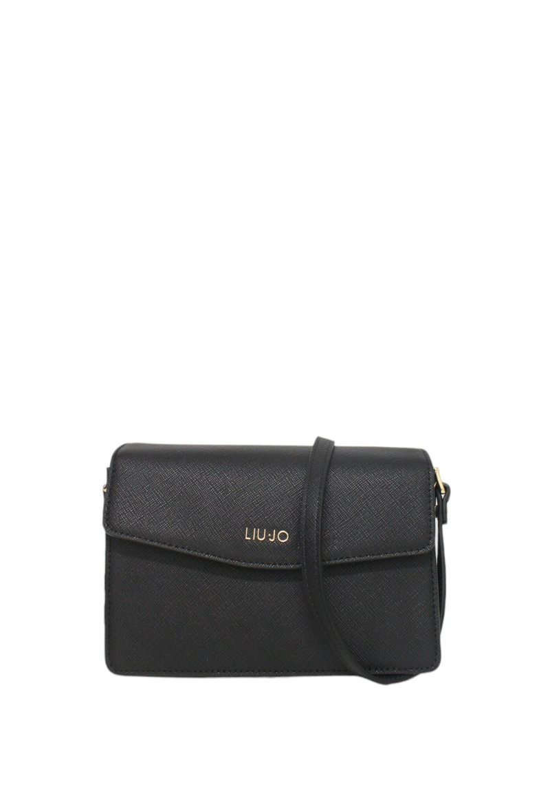 Czarna torebka crossbody z sztucznej skóry o fakturowej powierzchni, zamknięcie na magnes, regulowany pasek oraz złote logo.