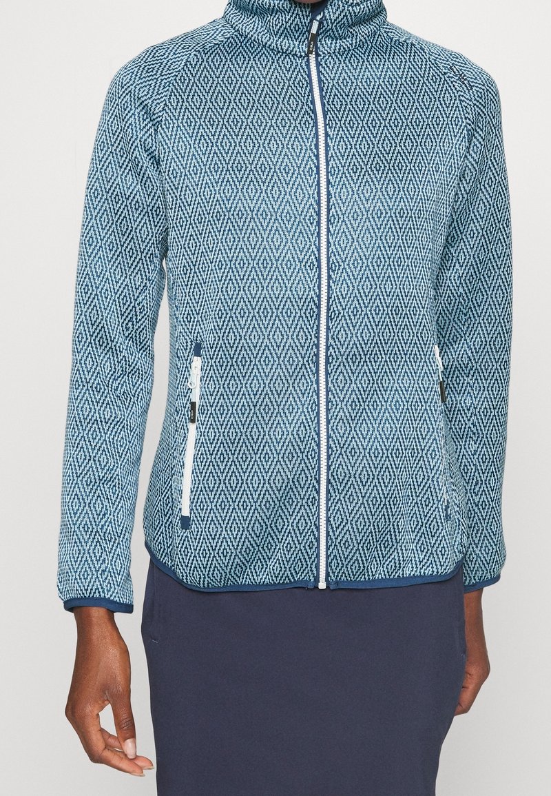 Blue patterned zip-up jacket with a high collar, featuring a diamond design, long sleeves, and two side pockets with white zippers.