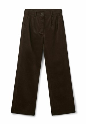 Braune Cordhose mit weitem Bein, ausgestattet mit vorderen Falten, Seitentaschen und einem Knopfverschluss an der Taille.