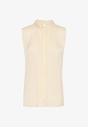 Mouwloze crèmekleurige top met een geplooid ontwerp, hoge hals en een keyhole knoopsluiting aan de achterkant. Soepele textuur en lichtgewicht stof.