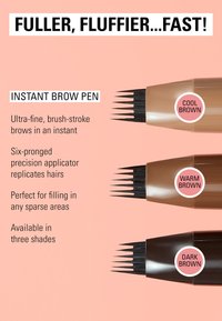 Browpen met een applicator met zes punten in drie tinten: Koele Bruin, Warme Bruin, Donkerbruin. Getextureerde punt voor nauwkeurige, haarachtige streken.