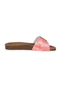 Flat slide sandal with a pink reptile-patterned upper, cork midsole, and white rubber outsole. Features a decorative buckle.