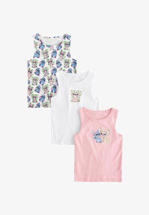 Drei Baumwoll-Tanktops: eines weiß mit einem Cartoon-Graphic, eines rosa mit einem ähnlichen Design und eines mit bunten Charakteren im Muster.