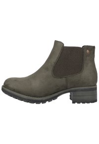 Olivi vihreät nilkkurit, jotka on valmistettu mokasta, ja joissa on verkkosivupaneelit, kumipohja ja matala lohkokorko. Ominaisuuksina on ommeltu, minimalistinen muotoilu.