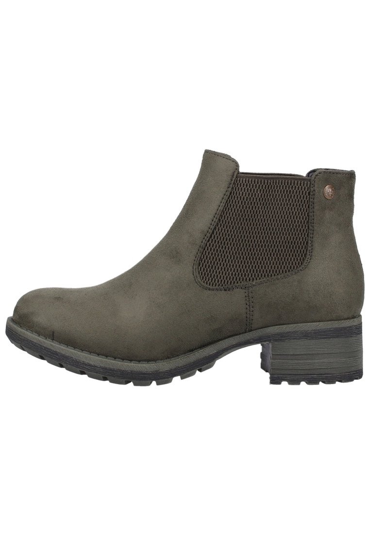 Olivi vihreät nilkkurit, jotka on valmistettu mokasta, ja joissa on verkkosivupaneelit, kumipohja ja matala lohkokorko. Ominaisuuksina on ommeltu, minimalistinen muotoilu.