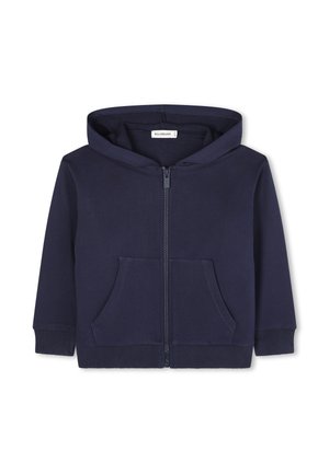 Sweat à fermeture éclair bleu marine en tissu doux. Il dispose d'une grande poche frontale, de poignets côtelés et d'une capuche. Design minimaliste sans motifs.