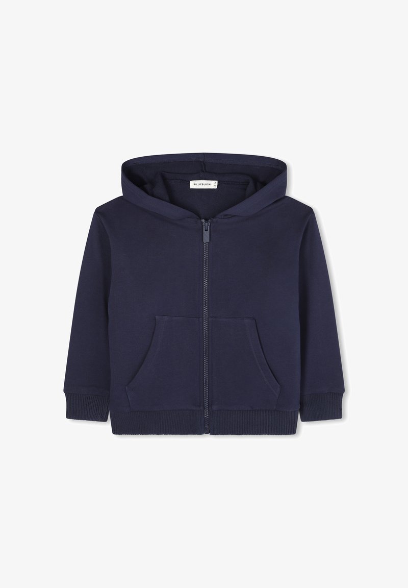 Sweat à fermeture éclair bleu marine en tissu doux. Il dispose d'une grande poche frontale, de poignets côtelés et d'une capuche. Design minimaliste sans motifs.