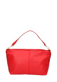 Borsa a mano in pelle rossa con una texture liscia, forma rettangolare e una sola tracolla. Presenta accessori in tonalità oro e dettagli di cucitura sottili.