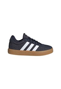 Navy canvas sneaker with three white stripes, gum rubber outsole, lace-up design, and textured fabric for added grip and durability.