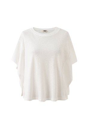 Weißes, locker geschnittenes Kurzarm-Top mit breiten seitlichen Öffnungen und rundem Ausschnitt, gefertigt aus leichtem Stoff mit dezentem Strukturmuster.