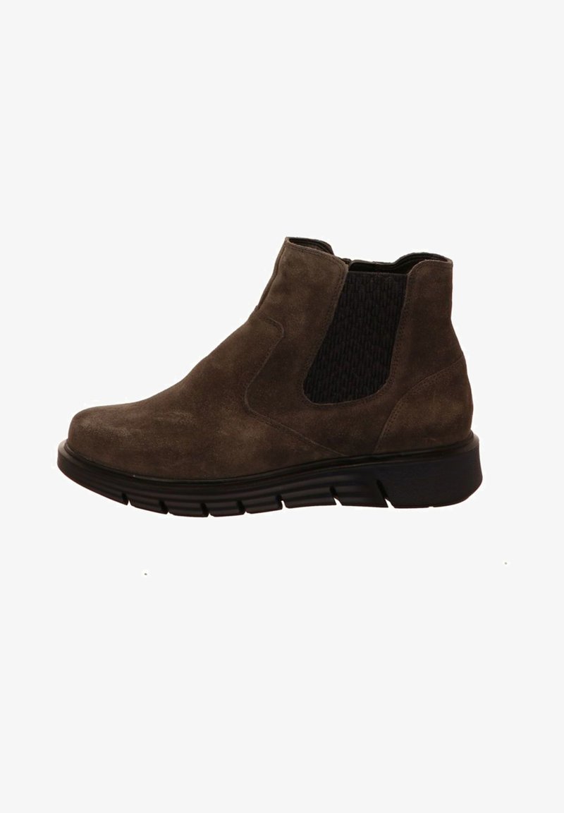 Braune Wildleder-Ankle Boots mit elastischen Seitenpartien, abgerundeter Spitze und einer dicken schwarzen Gummisohle für Grip und Komfort.