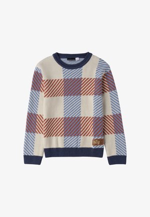 Maglione a maglia con un motivo a scacchi composto da righe alternate di rosso, blu e crema. Collo e polsini a coste di colore navy. Toppa del logo color sabbia.