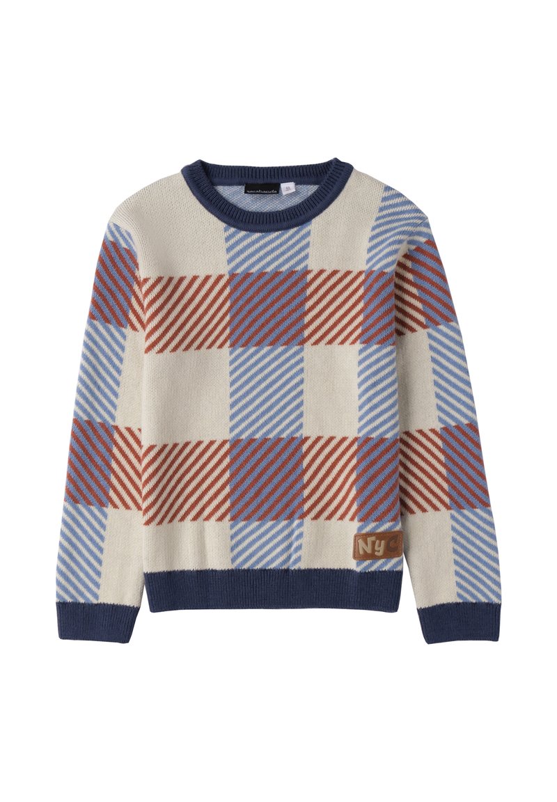 Maglione a maglia con un motivo a scacchi composto da righe alternate di rosso, blu e crema. Collo e polsini a coste di colore navy. Toppa del logo color sabbia.