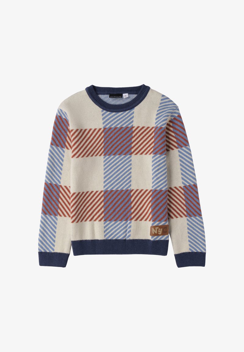Maglione a maglia con un motivo a scacchi composto da righe alternate di rosso, blu e crema. Collo e polsini a coste di colore navy. Toppa del logo color sabbia.