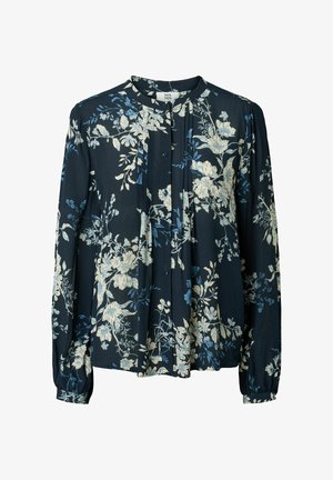 Langärmlige Bluse aus navyblauem Stoff mit einem weißen und hellblauen Blumenmuster. Sie hat einen geknöpften Verschluss und eine Faltenlegung entlang des Ausschnitts.