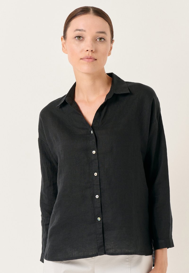 Camicia button-up nera in lino con colletto, maniche lunghe e bottoni iridescenti, dotata di una vestibilità morbida e rilassata.