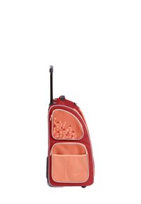 Red wheeled suitcase featuring orange accents, triangular pattern, dual side pockets, retractable handle, and durable fabric.