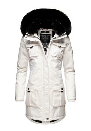 White parka jacket with a black faux fur-lined hood, multiple front pockets, a zipper closure, and textured fabric.