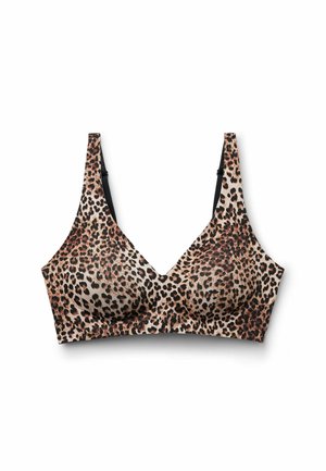 Soutien-gorge sans fil à imprimé léopard avec larges bretelles et bonnets moulés, conçu pour le confort et le maintien.