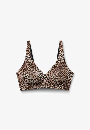 Wireless-BH mit Leopardenmuster, breiten Trägern und geformten Cups, entworfen für Komfort und Halt.