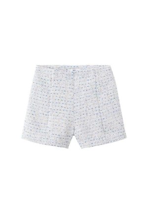 Tweed-Shorts in Hellblau und Weiß, mit gewebter Struktur und kleinen bunten Sprenkeln, seitlichen Falten und einem normalen Taillenbund.
