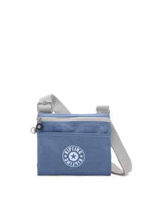 Sac bandoulière bleu avec deux compartiments zippés, logo Kipling circulaire blanc, et bandoulière grise ajustable.