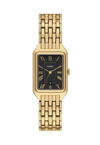 Montre rectangulaire à ton or avec un cadran noir, des chiffres romains et un affichage de la date. Dispose d'un bracelet en maillons métalliques texturés pour un maintien sécurisé.