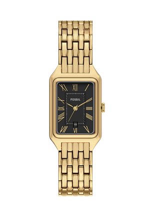 Montre rectangulaire à ton or avec un cadran noir, des chiffres romains et un affichage de la date. Dispose d'un bracelet en maillons métalliques texturés pour un maintien sécurisé.
